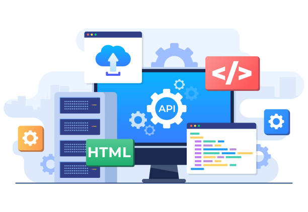 application programming interface concept, api provides the interface for communication between applications, software development tool, internet and networking, simplifying application integration - 系統(tǒng)軟件 幅插畫檔、美工圖案、卡通及圖標