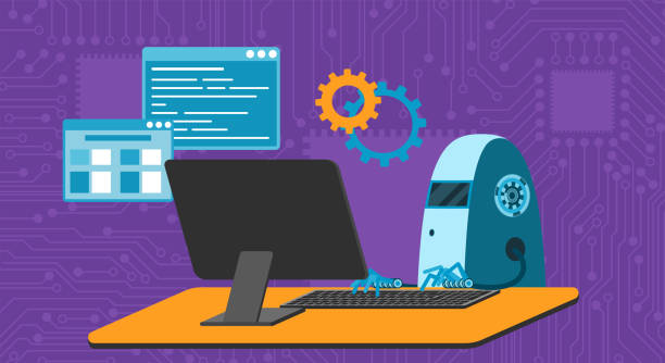 automated work of software, business project development, robot using keyboard at table - 系統(tǒng)軟件開發(fā) 幅插畫檔、美工圖案、卡通及圖標